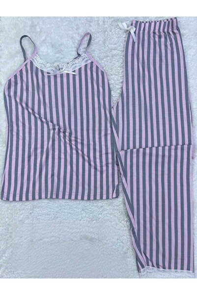 VAJESTO Γυναικείο Σετ Πιτζάμες Νυχτικό με Ροζ Σχοινί Λουράκια Δαντέλα Λεπτομε...