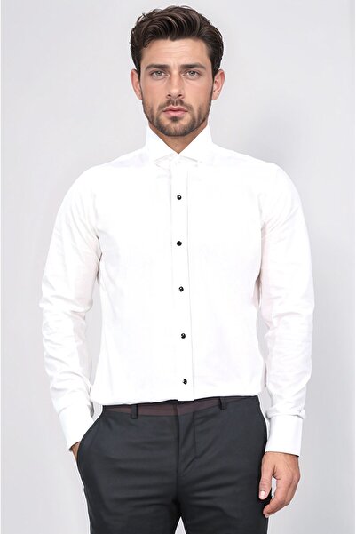 Velvarde قميص سموكن أبيض ضيق بياقة على شكل رقبة الحصان وأكمام مزدوجة