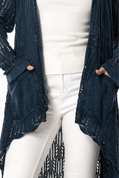 Eliş Şile Bezi Cardigan cu mâneci lungi Sena, cu croială asimetrică, pentru toamnă și iarnă, cu buzunare, tricotaje, indigo indg