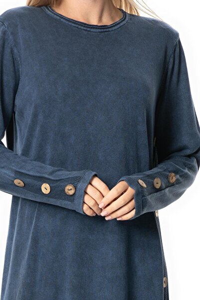 Eliş Şile Bezi Uzun Kol Gözde Bisiklet Yaka Düğme Detaylı Sonbahar ve Kışlık Uzun Triko Elbise İndigo indg