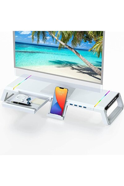 AB Luxury Concept Monitor and Laptop Stand, with Adjustable RGB Lights and 4 USB Ports, Adjustable in 3 Modes, White