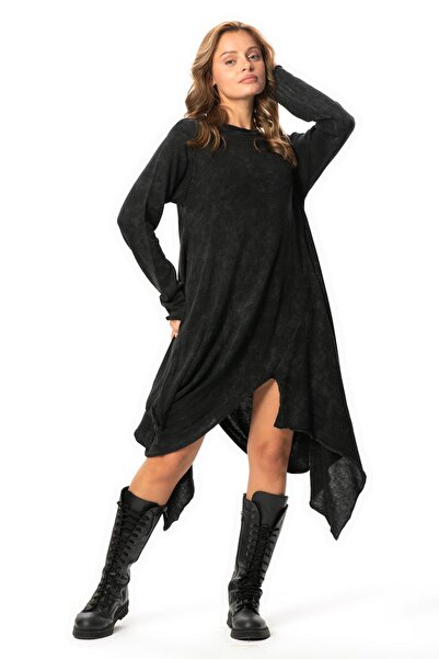 Eliş Şile Bezi Long Sleeve Handan Asymmetrical Cut Autumn and Winter Flowy Midi Length Knitwear Dress Smoked Fm
