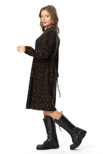 Eliş Şile Bezi Long Sleeve Fahriye Flannel Floral Pattern V-Neck Short Autumn and Winter Dress Black Syh