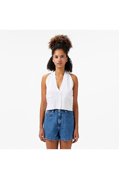 Lacoste Kadın Kolsuz V Yaka Beyaz Triko