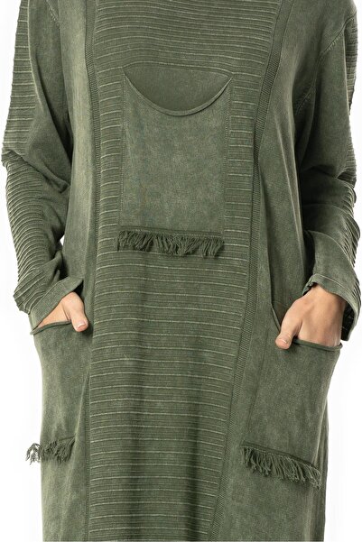 Eliş Şile Bezi Uzun Kol Gamze Cep Detaylı Sonbahar ve Kışlık Uzun Triko Elbise Haki Hk
