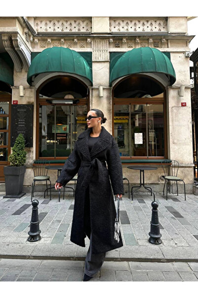 Myra معطف صوف مزين بالريش مع أربطة - أسود