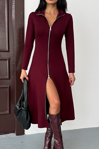 Ded COLLECTION Γυναικείο φόρεμα με διπλό φερμουάρ με μακρυμάνικο λαιμόκοψη με λεπτομέρεια Midi Modal Chic