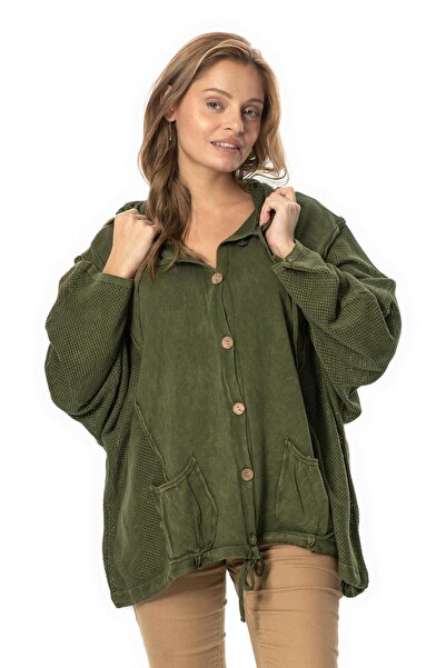 Eliş Şile Bezi Uzun Kol Ceren Fileli Düğme Detaylı Çift Cepli Kışlık Kapüşonlu Triko Bluz Haki Hk