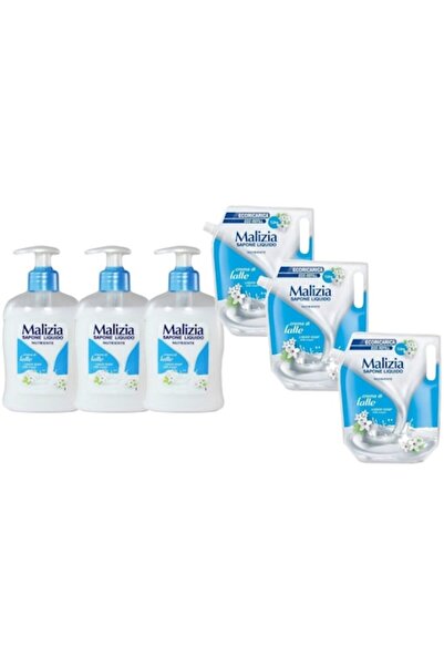 Malizia Set 6 x Variety - 3 x 300ml Liquid Soap (Latte) + 3 x 1L Refill (Milk)