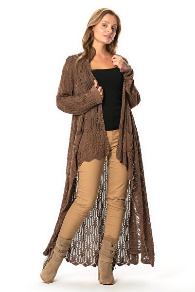 Eliş Şile Bezi Long Sleeve Sena Asymmetric Cut Autumn and Winter Loose Pocket Knitwear Cardigan Coffee Khv