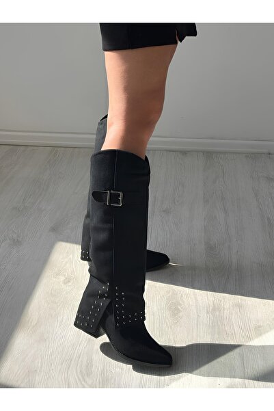 Favi Ayakkabı Siyah Süet Paça Görünümlü Trok Detaylı Sivri Burun Uzun Tarz Çizme