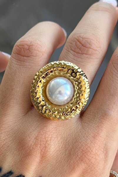 TAKIŞTIR خاتم فولاذي قابل للتعديل مع تفاصيل لؤلؤية ذهبية اللون