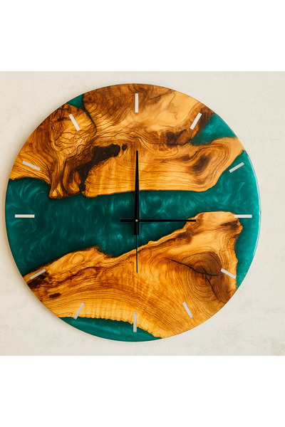 HEZARAN El Yapımı Epoksi Zeytin Ağacı Duvar Saati – 40 cm Modern Ahşap Tasarım Saat