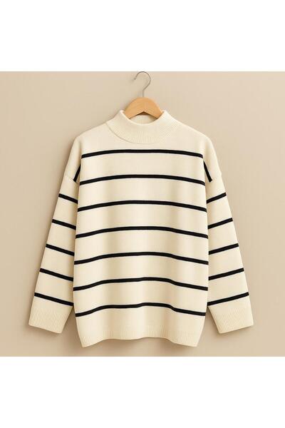 pepule Μαύρο και άσπρο γυναικείο πλεκτό πουλόβερ με ρίγες oversized