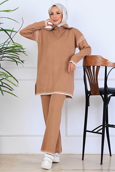 benguen Πλεκτό κοστούμι με λεπτομέρεια ρίγες με φερμουάρ στο λαιμό S1061 Mink