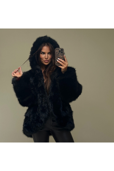 MONNET MODA Haină de blană cu glugă - Negru