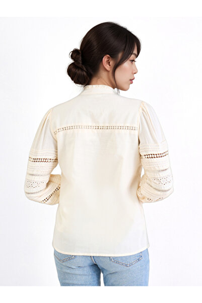 Styli Long Sleeve Cotton Blouse with Schiffli and lace Detail