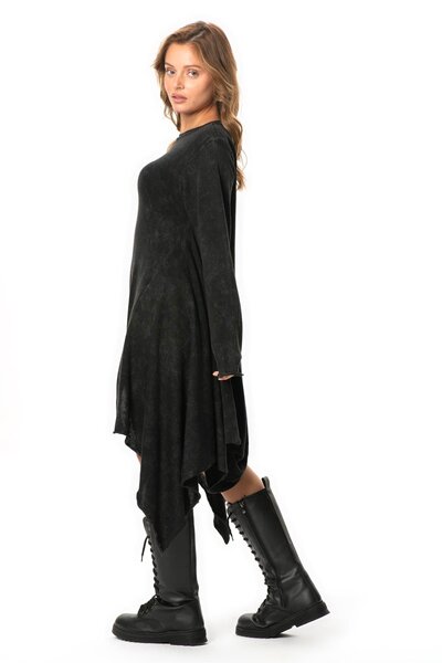 Eliş Şile Bezi Long Sleeve Handan Asymmetrical Cut Autumn and Winter Flowy Midi Length Knitwear Dress Smoked Fm