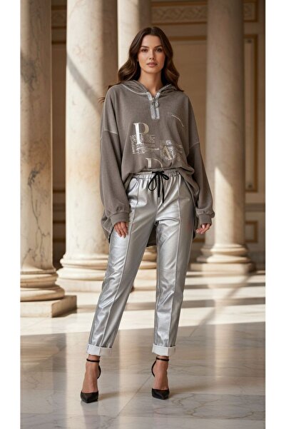 günay boutıque Leather Look Oversize Size Imported Trousers - Silver
