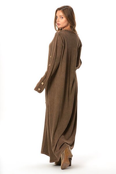 Eliş Şile Bezi Long Sleeve Eye-Catching Crew Neck Button Detail Autumn and Winter Long Knit Dress Coffee Khv