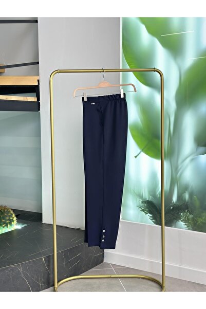 BÜRDE Navy Blue Women's Trousers with Elastic Waistband and Button Detail