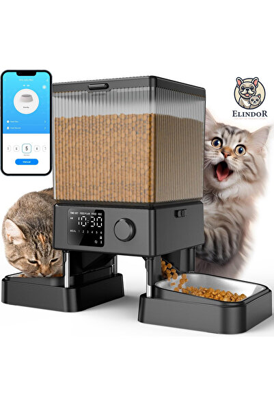 Elindor ® 5L Automatic Feeder for Cats and Dogs, with 2 Stainless Steel Bowls, App Control, Black