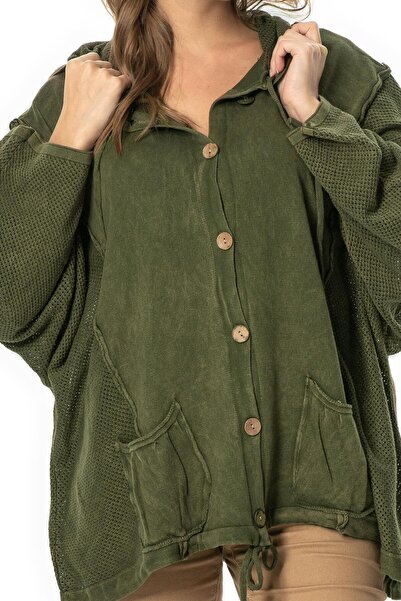 Eliş Şile Bezi Uzun Kol Ceren Fileli Düğme Detaylı Çift Cepli Kışlık Kapüşonlu Triko Bluz Haki Hk