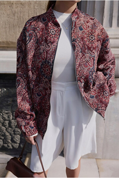 BRTC design Kadın Kiremit Etnik Desenli Beli Lastikli Fermuarlı Ceket