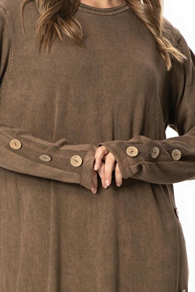 Eliş Şile Bezi Long Sleeve Eye-Catching Crew Neck Button Detail Autumn and Winter Long Knit Dress Coffee Khv