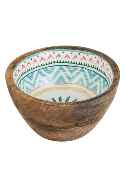 SHOPIENS Enameled Wooden Bowl, Aztec Pattern, Multicolor, Ø13cm × H7cm, 480ml