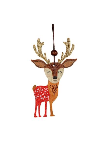 OEM Ornament de Crăciun din lemn, ren, cu sclipici bej-șampanie, 11 cm