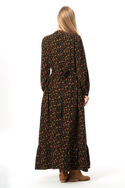 Eliş Şile Bezi Long Sleeve Suede Flannel Buttoned Autumn and Winter Long Dress Black Syh