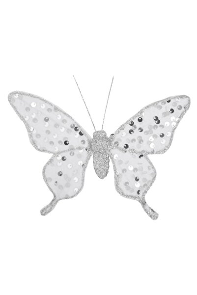 OEM Fluture decorativ de Crăciun cu clemă albă, paiete și sclipici argintiu, ...