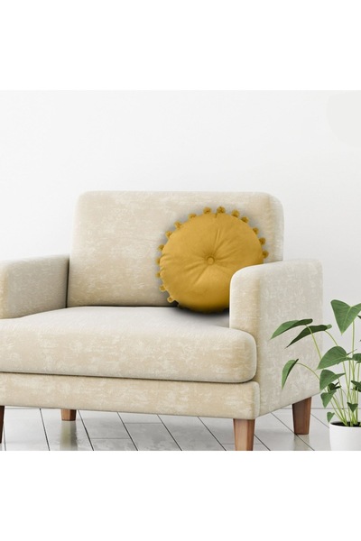 OEM Round Velvet Decorative Pillow, Mustard Yellow, Button & Pompom, Ø40cm