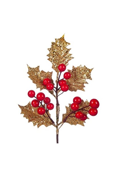 OEM Creangă decorativă de vâsc cu fructe de pădure cu sclipici auriu 28 cm