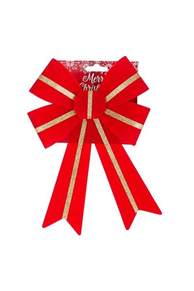 OEM Decorative Christmas Bow, Velvet, Red with Gold Stripe, 46 cm
