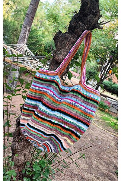 BaharEli Handmade Knitted Bag / Crochet with Colored Orlon-Cotton Yarn / Lined, with Outer Pocket (41X36)