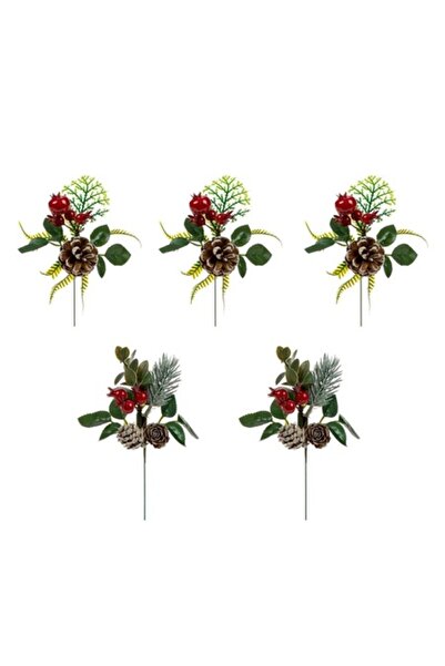 OEM Set de crenguțe decorative cu conuri de pin, fructe de pădure roșii și frunze verzi 14x6cm - 5 buc