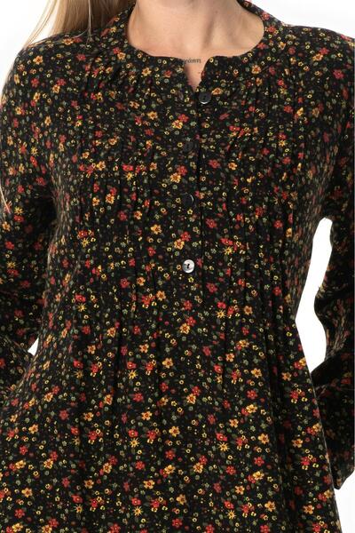 Eliş Şile Bezi Long Sleeve Suede Flannel Buttoned Autumn and Winter Long Dress Black Syh