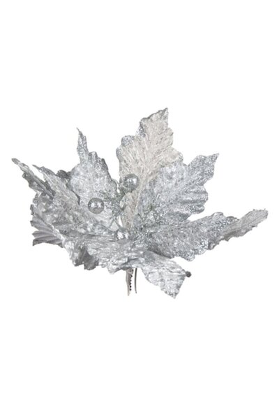 OEM Christmas Ornament Flower with Clip Silver Poinsettia Sequins Glitter 23cm