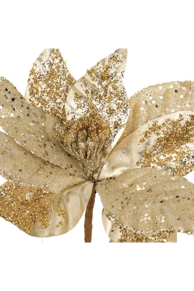 OEM Decorative Christmas poinsettia with clip, gold beige glitter, 26 cm