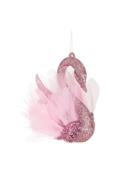 OEM Pink Swan Christmas Tree Ornament with Glitter, Tulle & Feathers, 10 cm