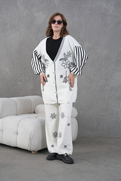 Miss Allos Women's Beaded Wide-Fit Knitwear Cardigan and Pants Bottom-Top Set