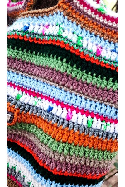 BaharEli Handmade Knitted Bag / Crochet with Colored Orlon-Cotton Yarn / Lined, with Outer Pocket (41X36)