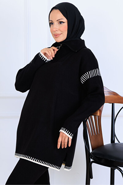benguen Zippered Collar Stripe Detail Knitwear Set S1061 Black
