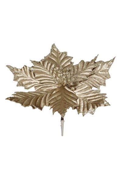 SHOPIENS Floare decorativă de Crăciun poinsettia cu clemă, auriu catifelat și sclipici bej-șampanie, 25 cm