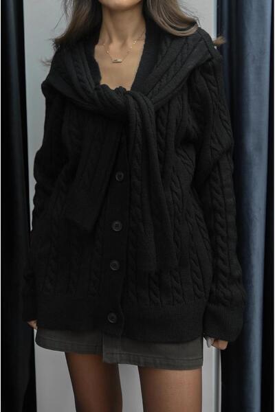 Havoş Black Cardigan with Shoulder Scarf Detail