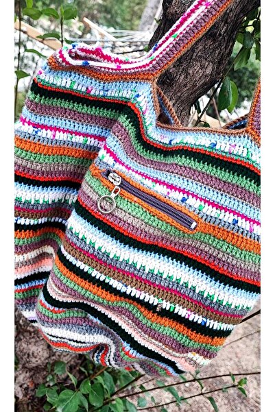 BaharEli Handmade Knitted Bag / Crochet with Colored Orlon-Cotton Yarn / Lined, with Outer Pocket (41X36)