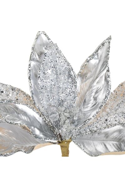 OEM Silver Christmas decorative flower with clip, transparent beads and glitter, 28cm