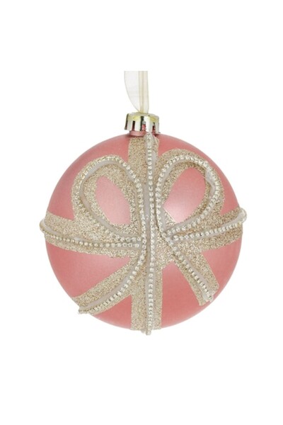OEM Ornament de Crăciun - glob roz cu sclipici bej și fundă, strass ø10cm